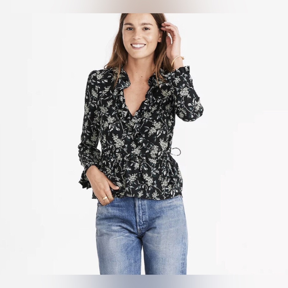 Madewell 100% Silk NWOT Ruffle-Hem Wrap Top in Antique Floral Large